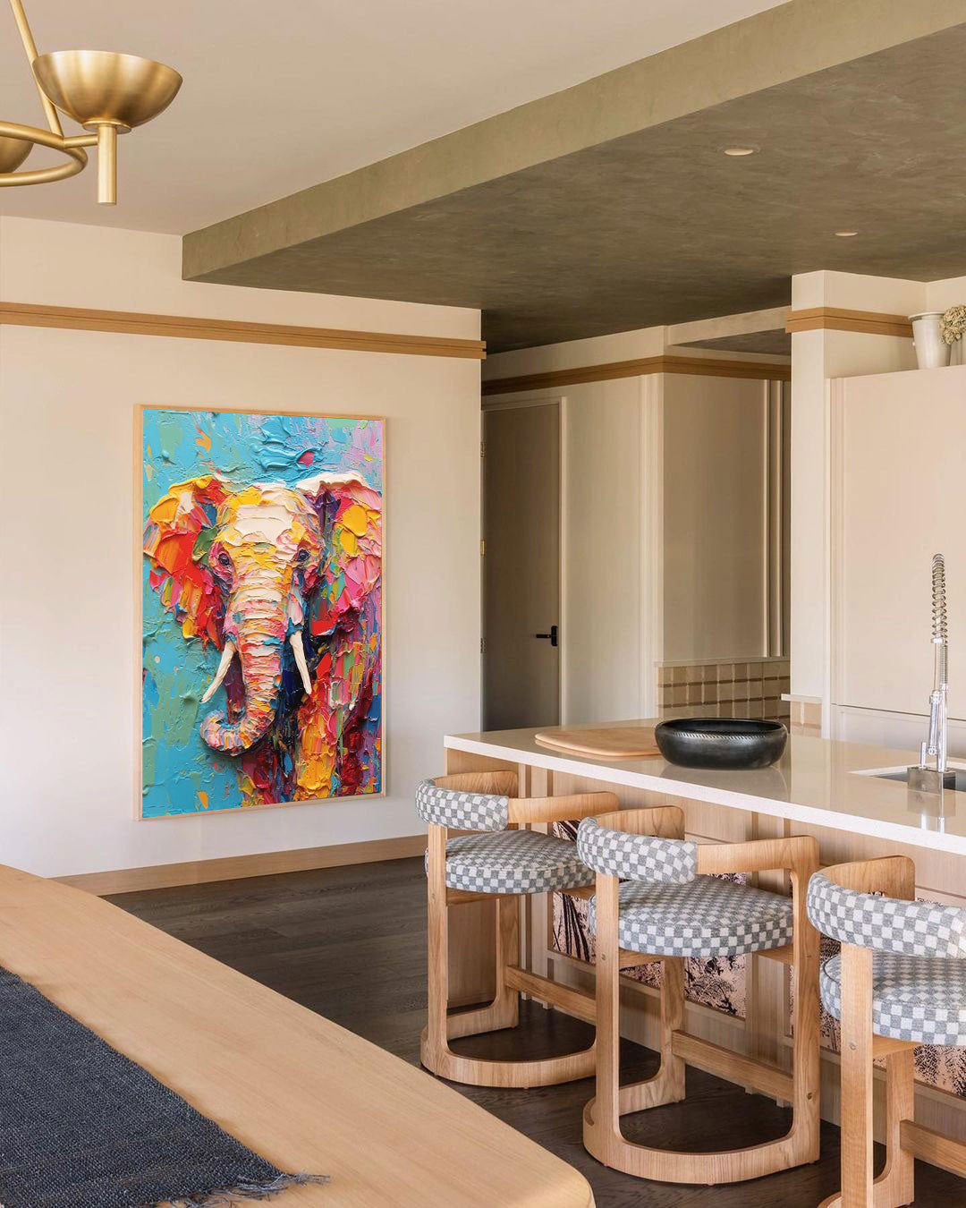 Impressionist Colorful Elephant Oil Painting Textured Canvas Wall Art Modern Animal Oil Painting Framed Living Room Decor