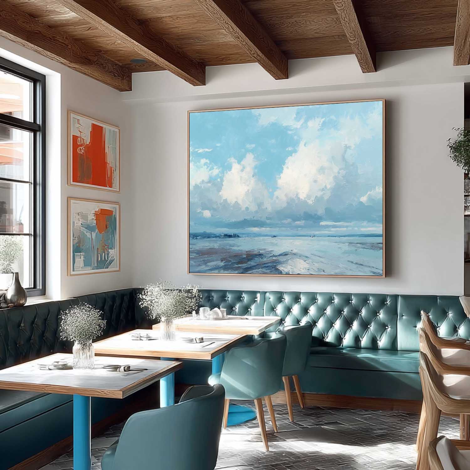 Blue Sky And White Clouds Painting Abstract Tranquil Sea View Landscape Large Texture Scenery Wall Art