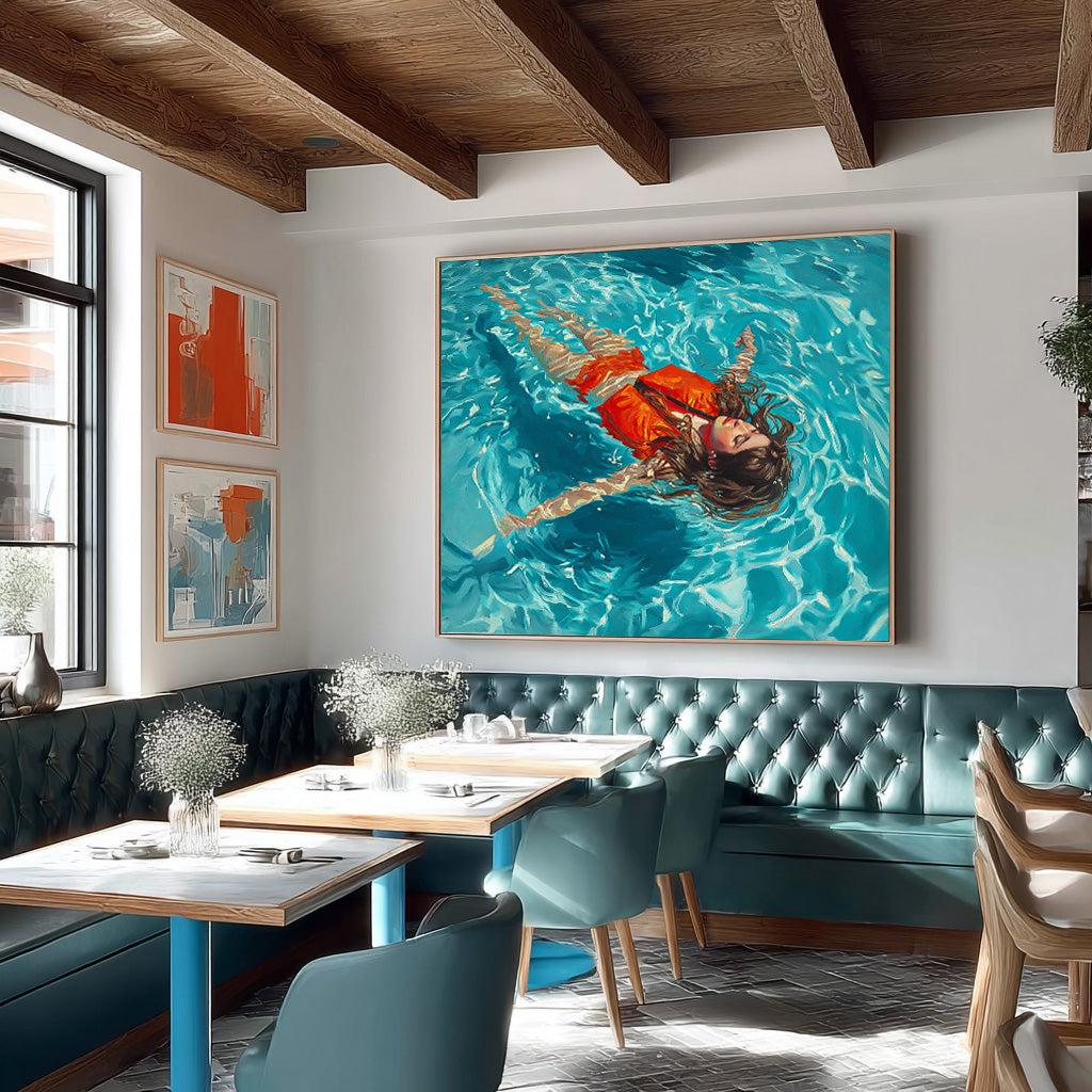 Large Color Artwork Original Girl Diving Oil Painting Diving In Ocean Sensual Woman Swimming Wall Art
