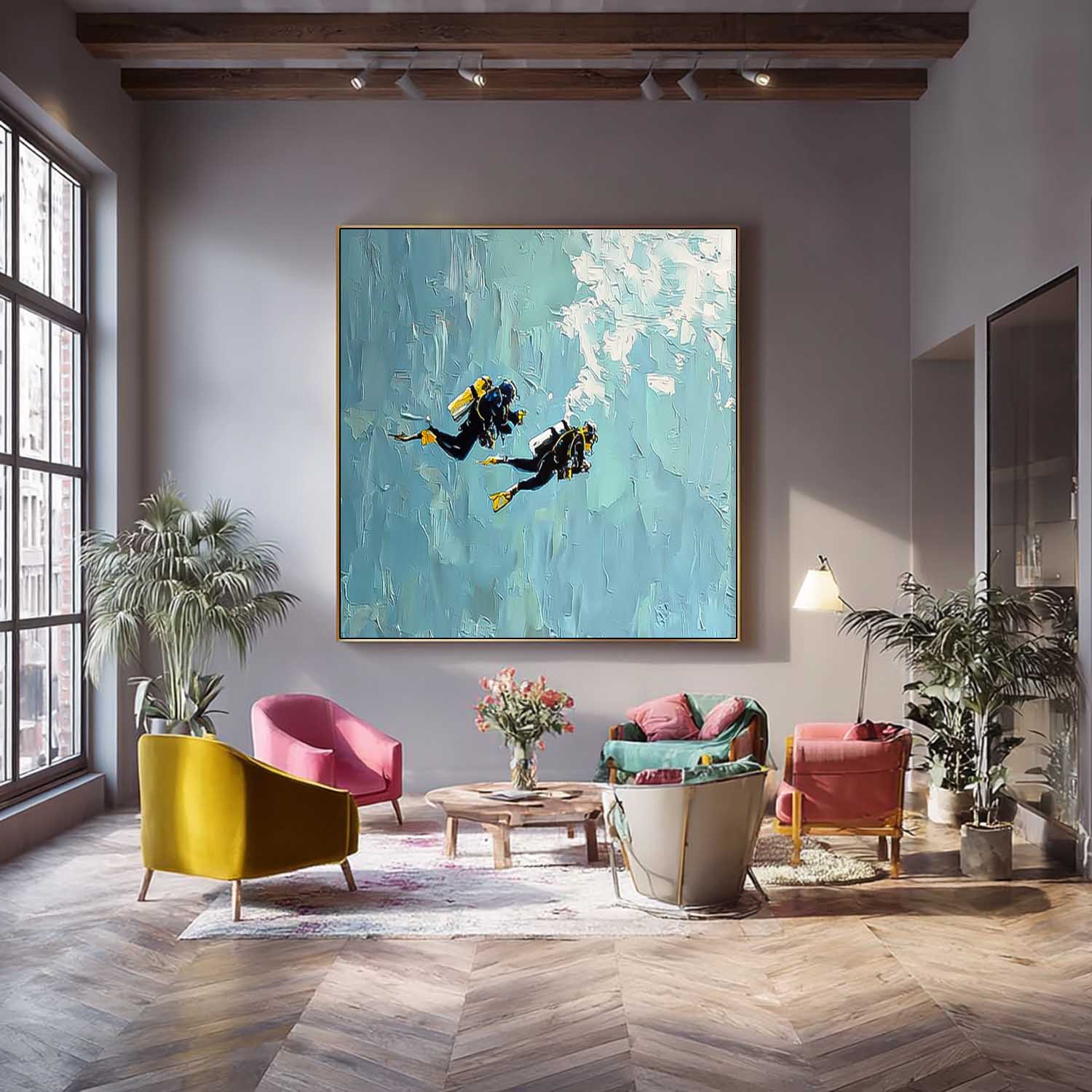 Large Ocean Painting Blue Texture Painting Minimalist Diving Art Abstract Underwater Artwork Diving Gifts