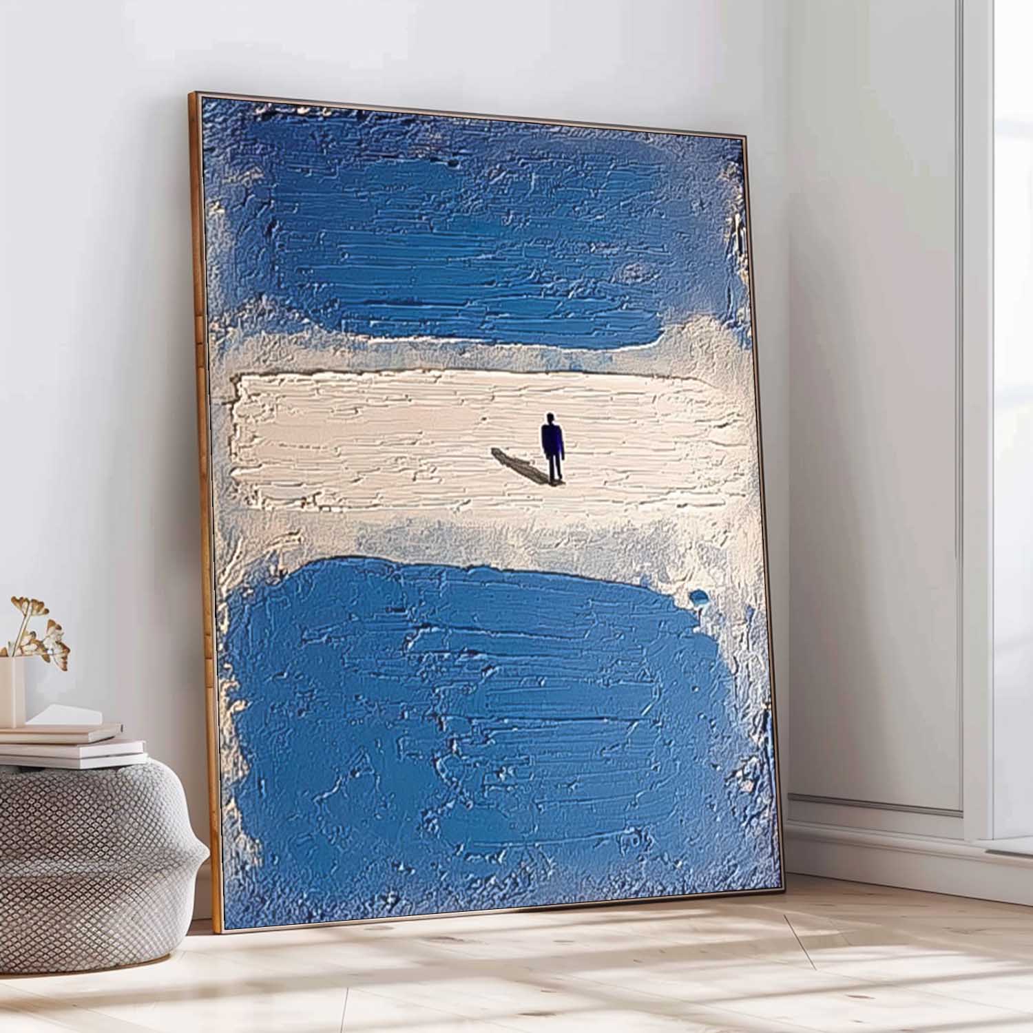 Original Lonely Back People Oil Painting Large Blue Minimalism Wall Art Abstract Figures Artwork Decor