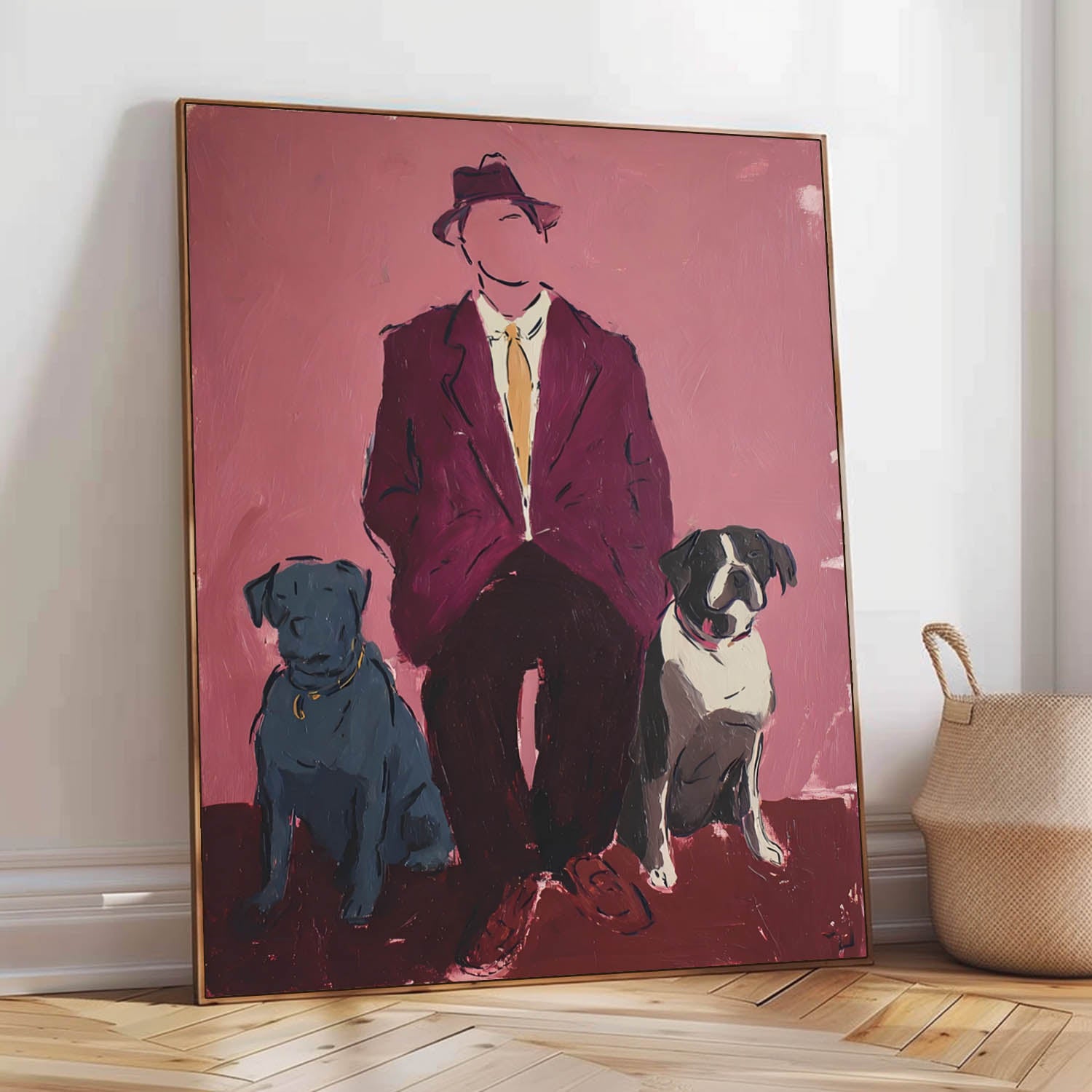Retro-Inspired Portrait Of Sophisticated Gentleman & Two Dogs Painting Bold Color Pop Art Handcrafted Wall Art