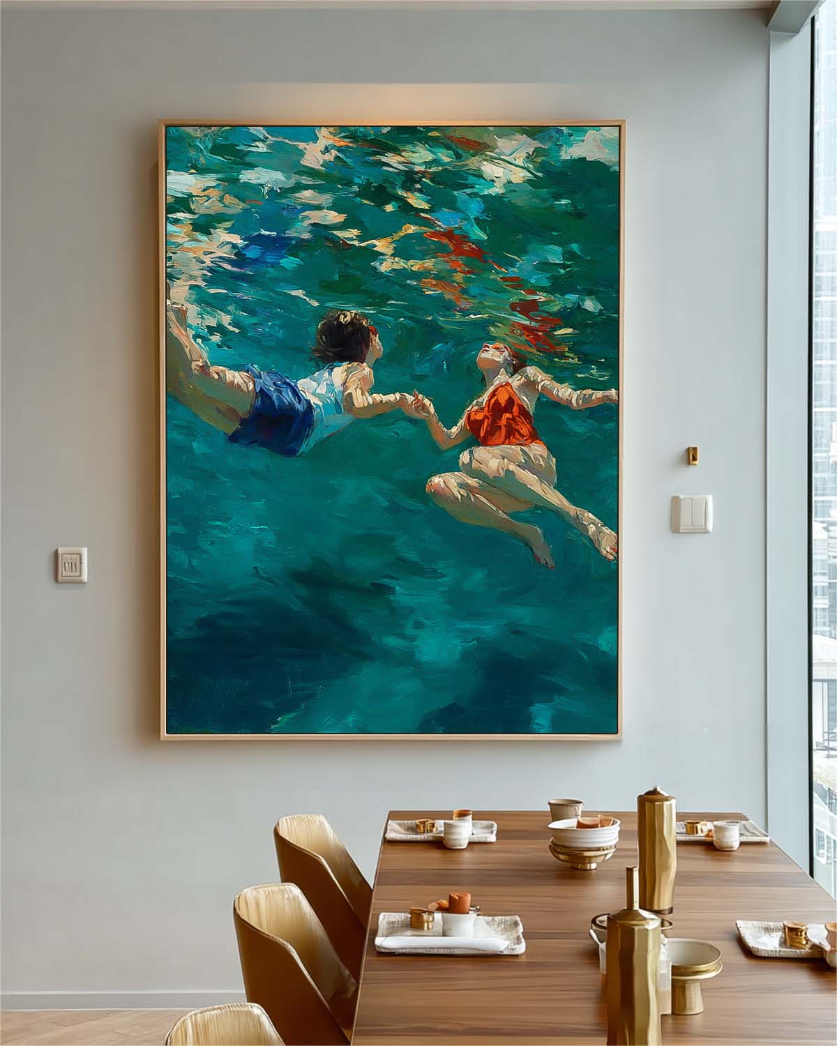 Original Diving Wall Art Abstract Two People playing In Water Oil Painting Canvas Modern Swimming Artwork
