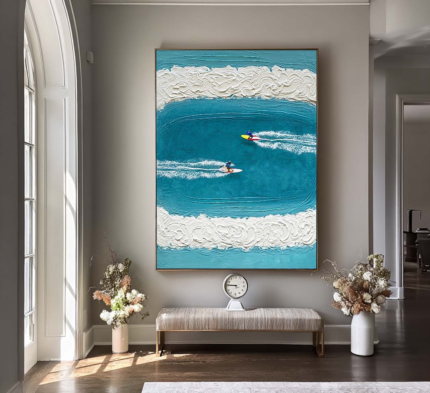 Abstract Surfer Landscape Blue Ocean Wall Art Minimalist Surfing Art Contemporary Ocean Painting Decor