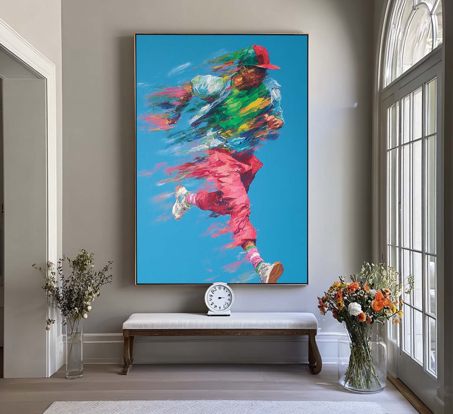Dynamic Running Man Impasto Painting Energetic Sport Wall Art Abstract Motion Figure Colorful Urban Artwork