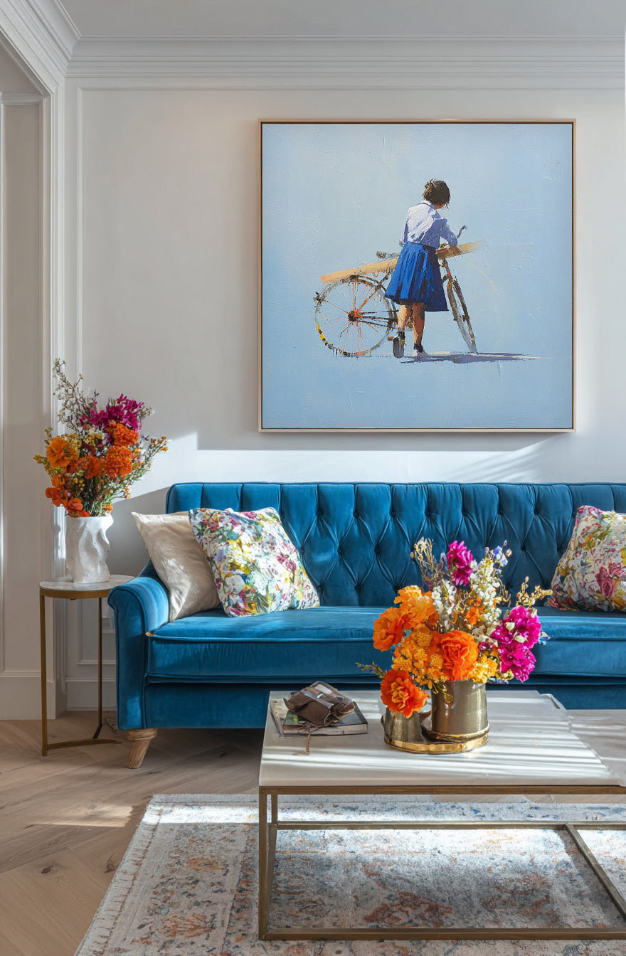 Minimalist Girl Riding A Bicycle Painting Blue Wall Art Abstract Warm atmosphere Art For Living Room