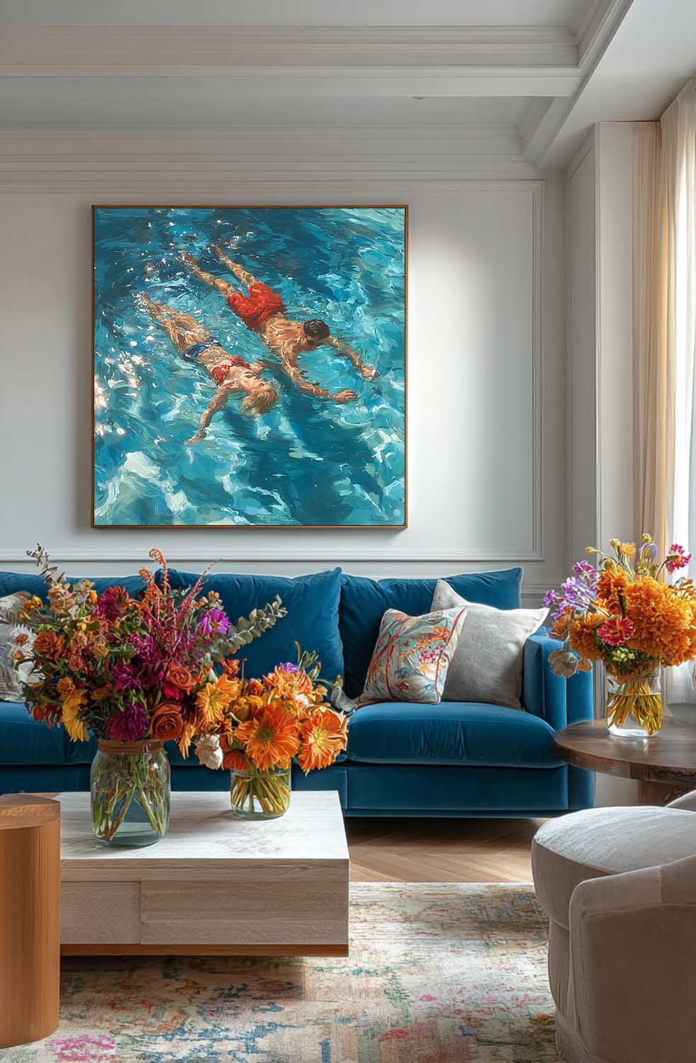 Original Couple swimming Wall Art Lady And Man Artwork Square Diving In Ocean Acrylic Painting