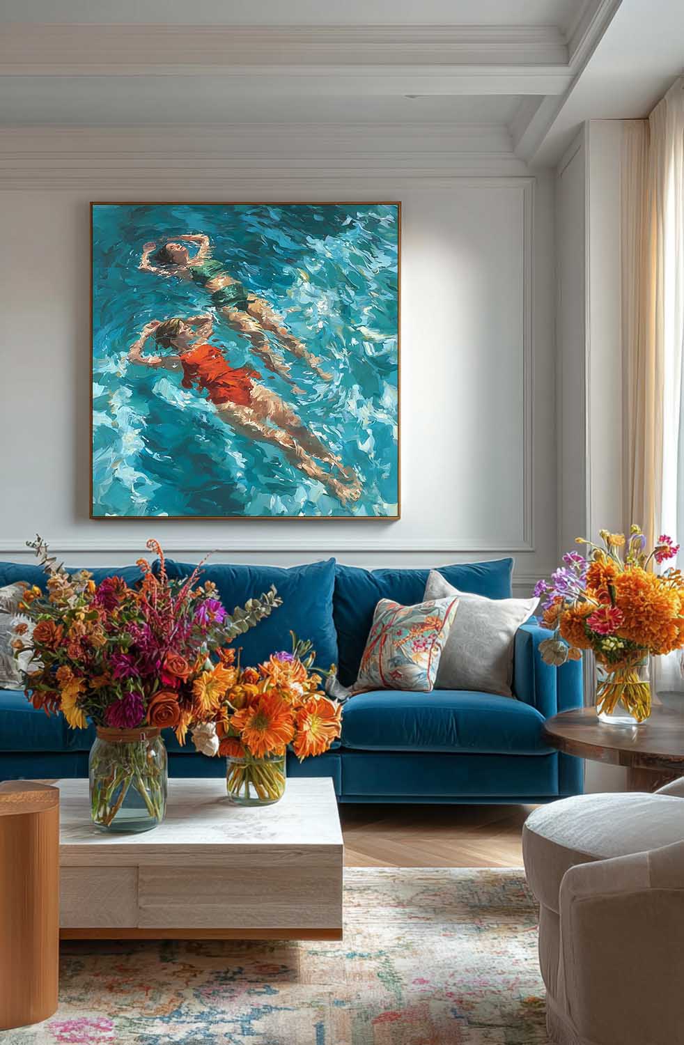 Original Best Friend swimming Wall Art Lady Artwork Square Diving In Ocean Sisters Acrylic Painting