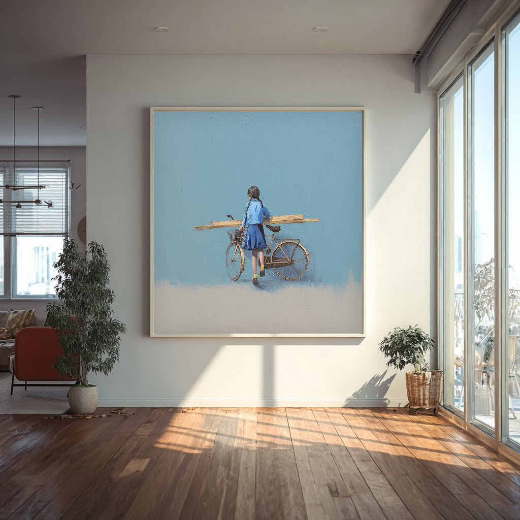 Blue Wall Art Minimalist Girl Riding A Bicycle Painting Abstract Warm atmosphere Art For Living Room