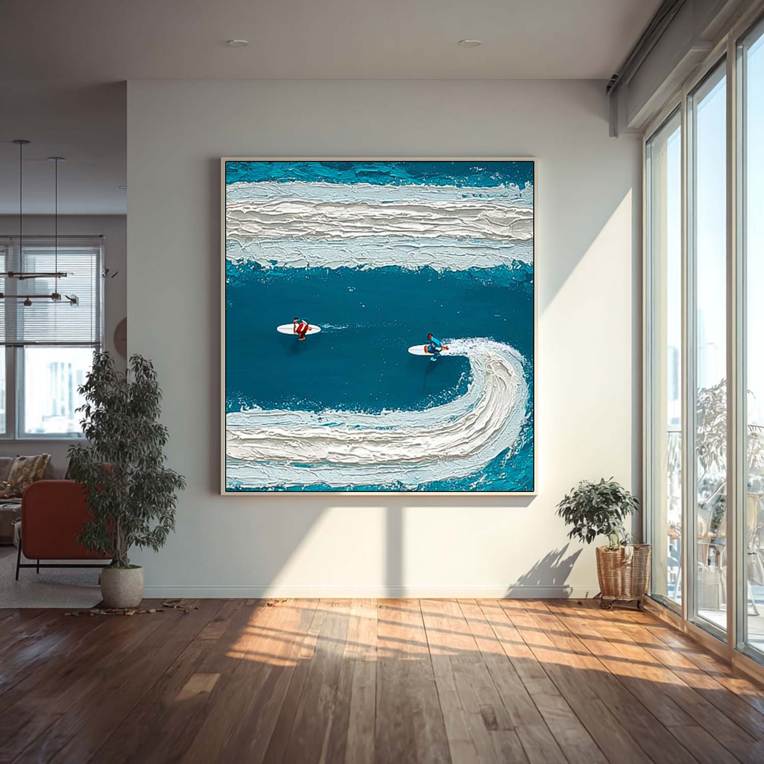 Square Abstract Surfer Landscape Blue Ocean Wall Art Minimalist Surfing Art Contemporary Ocean Painting