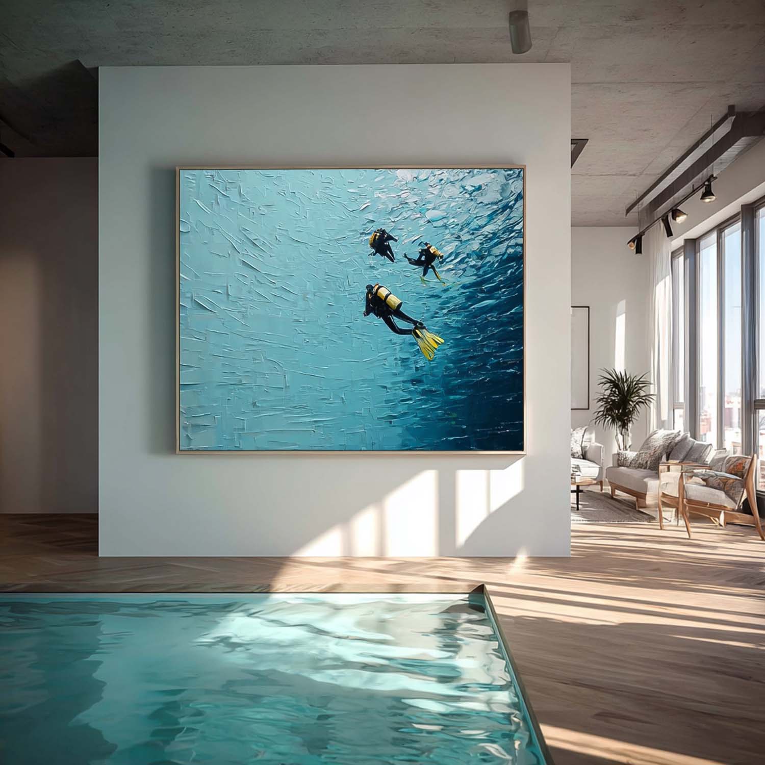 Abstract Underwater Artwork Blue Texture Painting Minimalist Diving Art Large Ocean Painting Diving Gifts