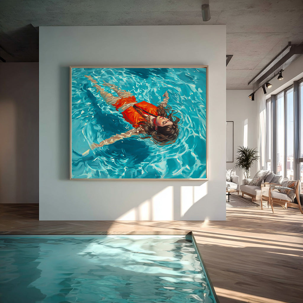 Large Color Artwork Original Girl Diving Oil Painting Diving In Ocean Sensual Woman Swimming Wall Art