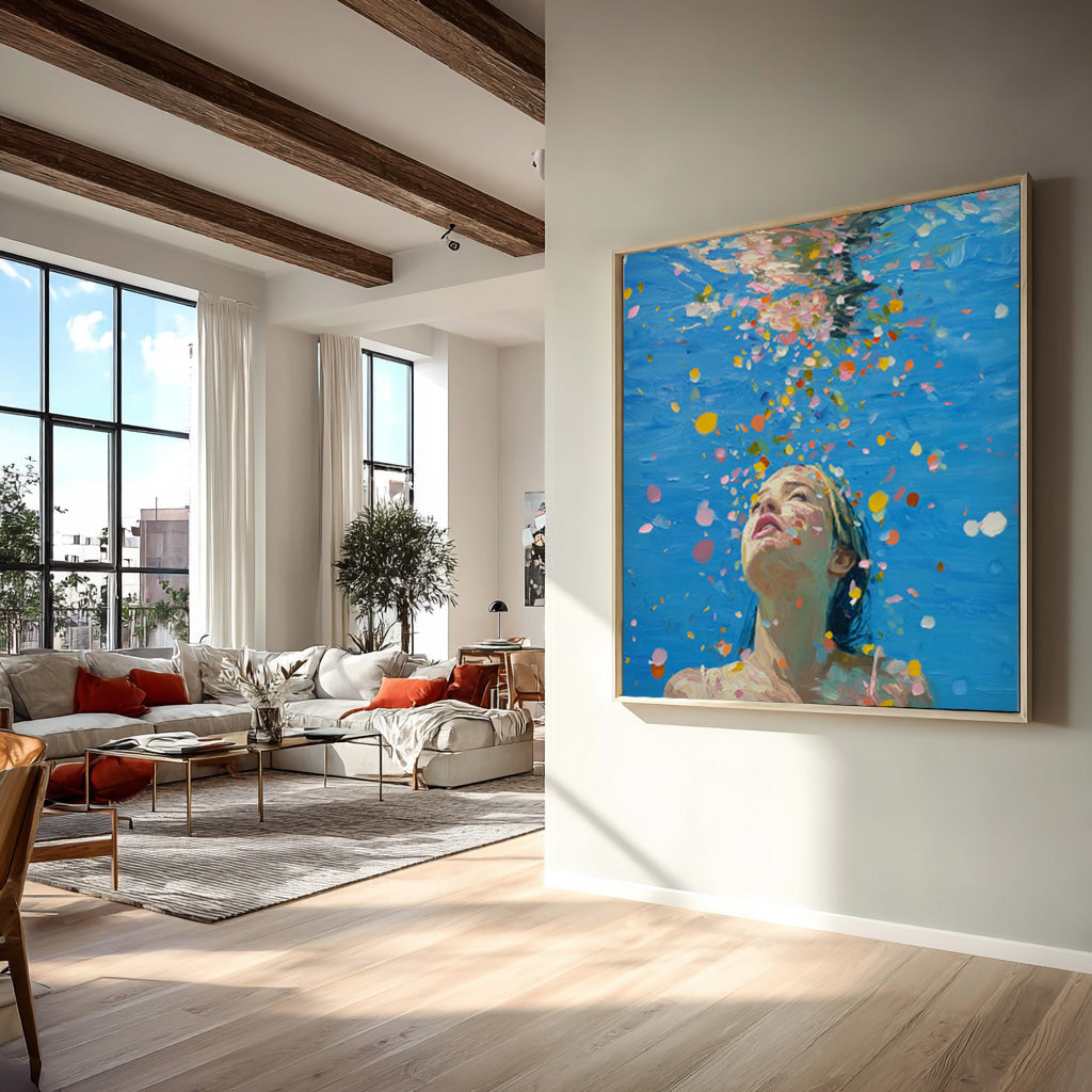 Blue Abstract Swimming Girl Wall Art Diving Oil painting Diving in Ocean Woman Handmade Canvas Artwork