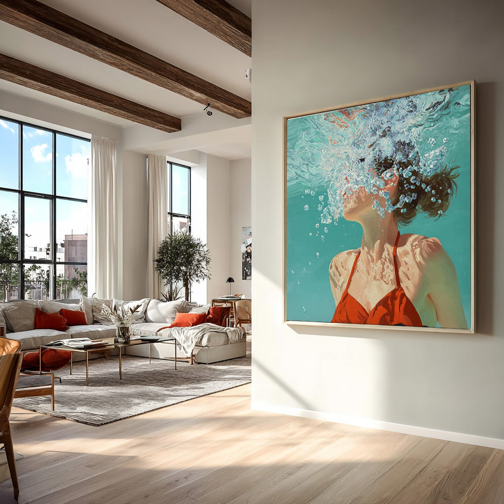 Square Diving In Ocean Sensual Woman Acrylic Painting Original Girl swimming Wall Art Lovely Lady Artwork