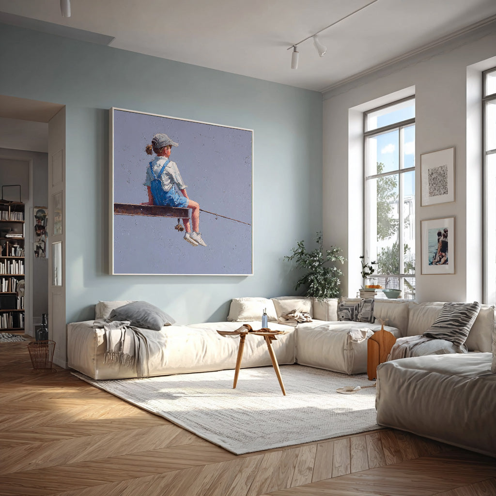 Original Purple Wall Art Abstract Warm atmosphere Art Minimalist Girl Fishing Painting For Living Room