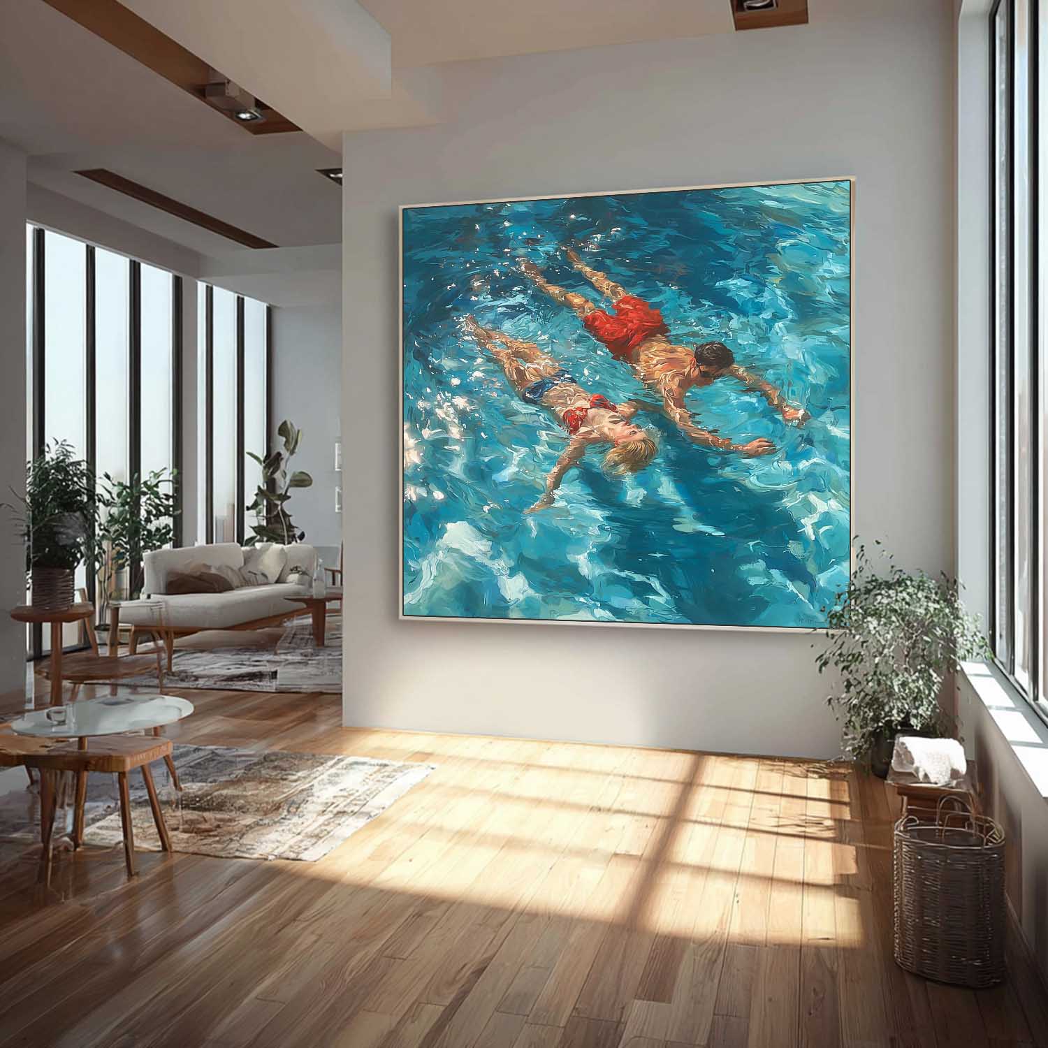 Original Couple swimming Wall Art Lady And Man Artwork Square Diving In Ocean Acrylic Painting