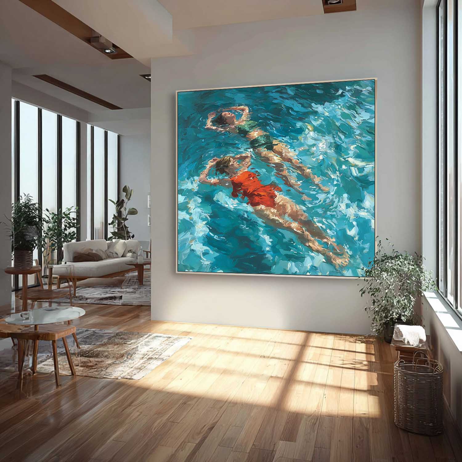 Original Best Friend swimming Wall Art Lady Artwork Square Diving In Ocean Sisters Acrylic Painting