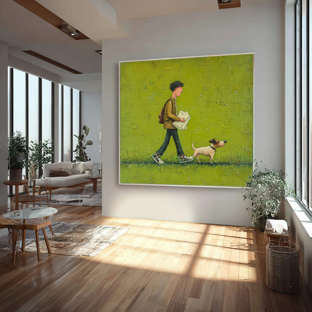 Abstract Warm And Peaceful atmosphere Landscape Green Grassland Wall Art Minimalist Boy Walking The Dog Painting