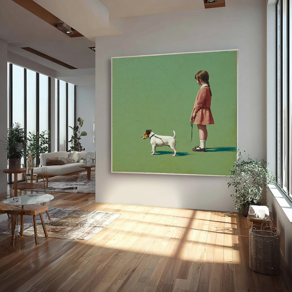 Minimalist Girl Walking The Dog Painting Green Grassland Wall Art Abstract Warm And Peaceful atmosphere