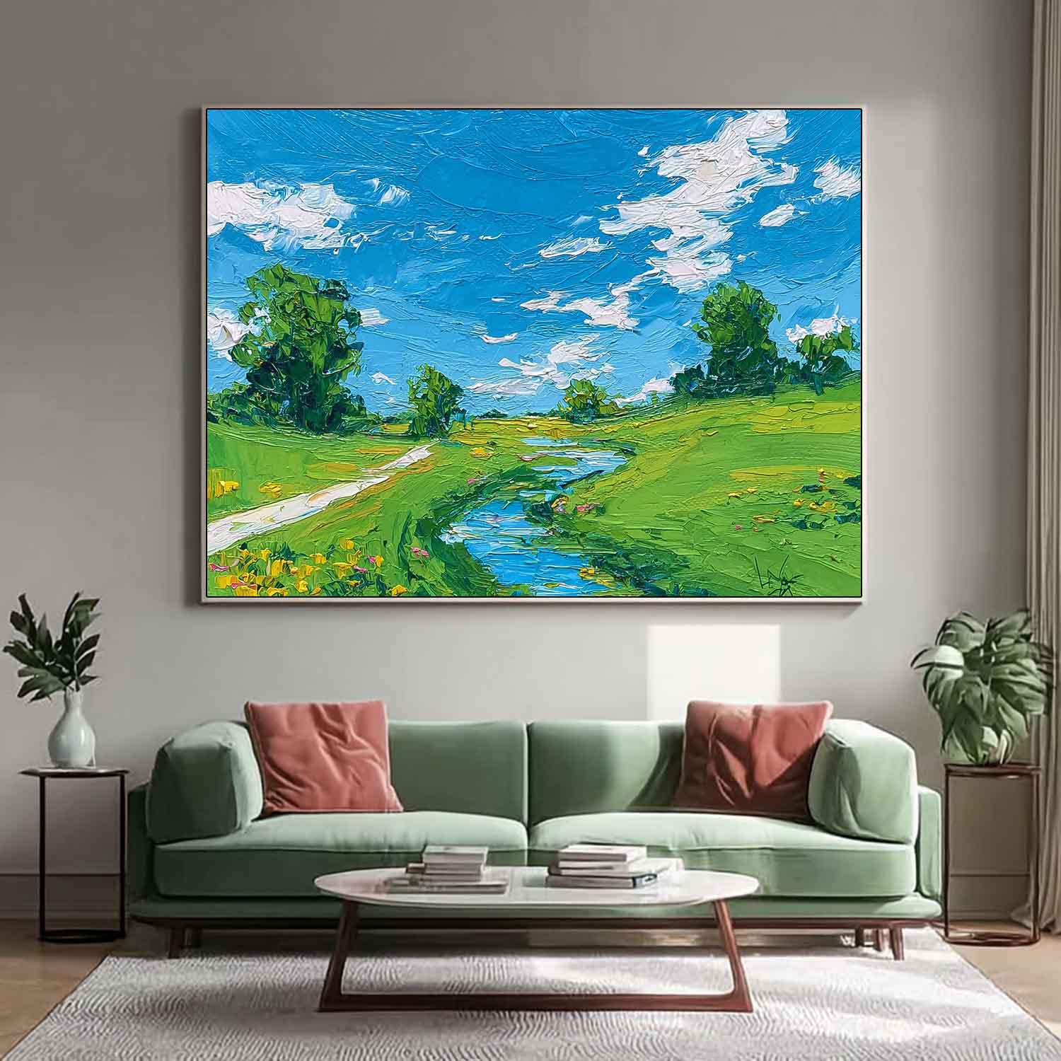 Abstract Fields And Rvers Landscape Oil Painting Rural Warmth Artwork Large Texture Scenery Wall Art Framed