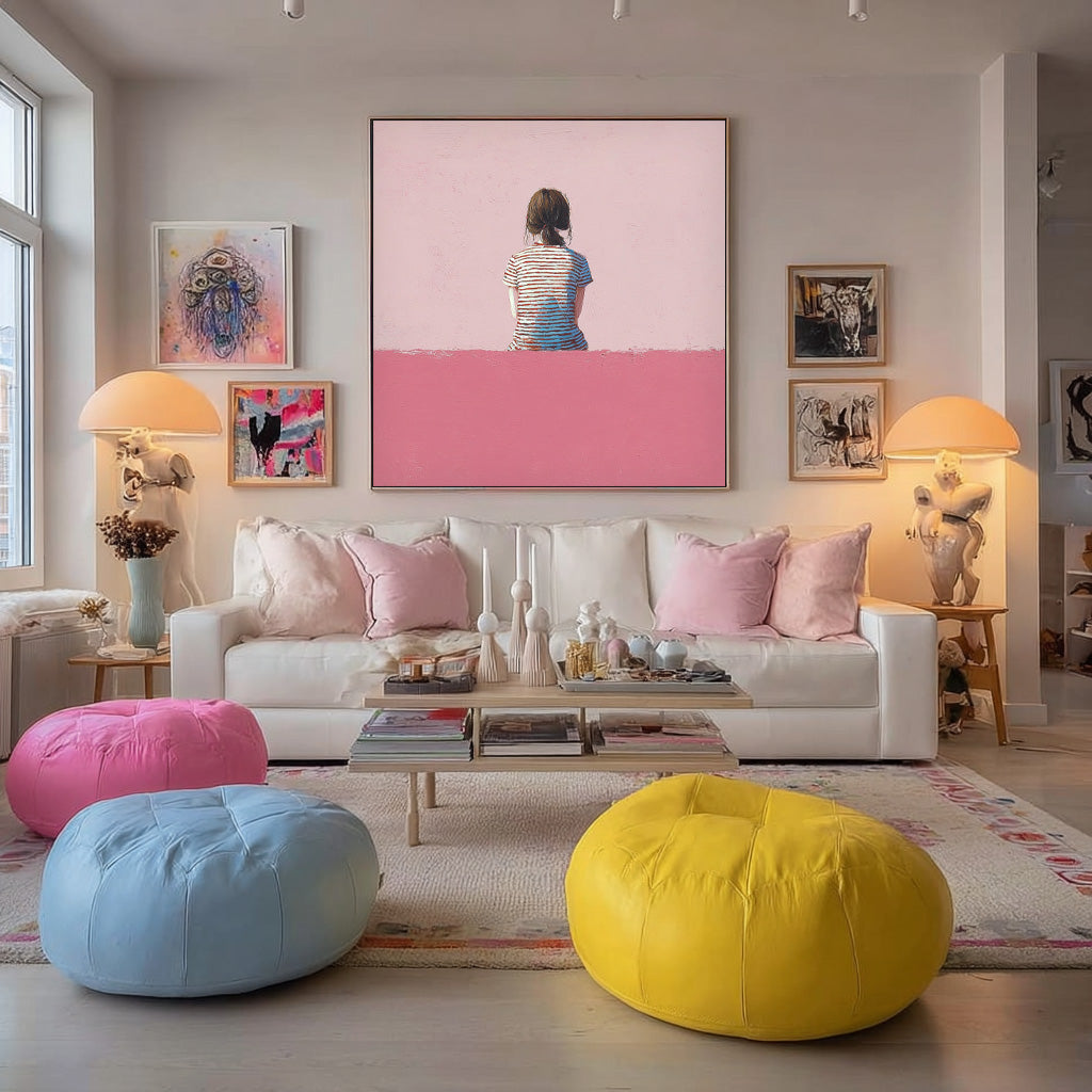 Abstract Warm atmosphere Art Minimalist Girl View Of Back Painting Pink Wall Art For Living Room