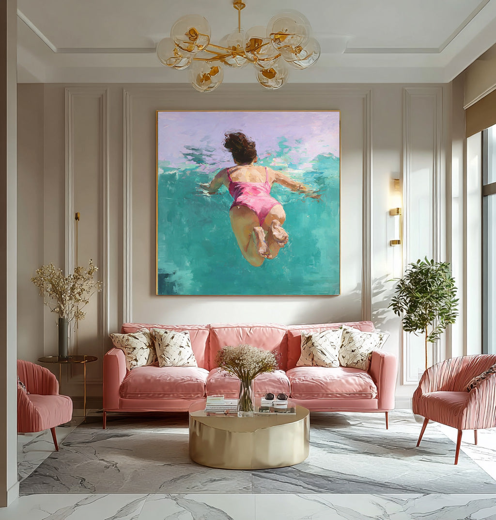 Color Original Girl swimming Wall Art Diving In Ocean Sensual Woman Acrylic Painting Cute Lady Artwork
