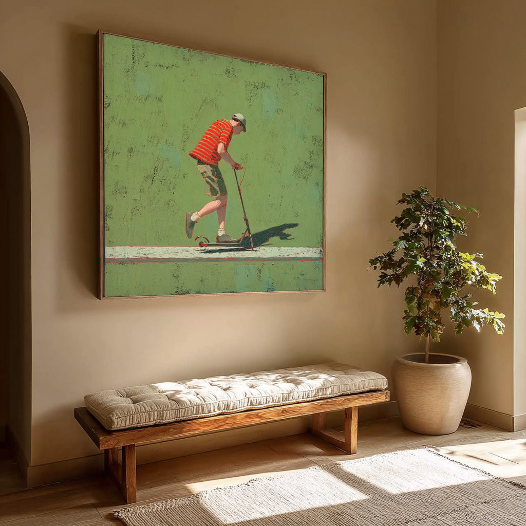 Abstract Warm And Peaceful Atmosphere Landscape Green Wall Art Minimalist Boy Riding A Scooter Painting