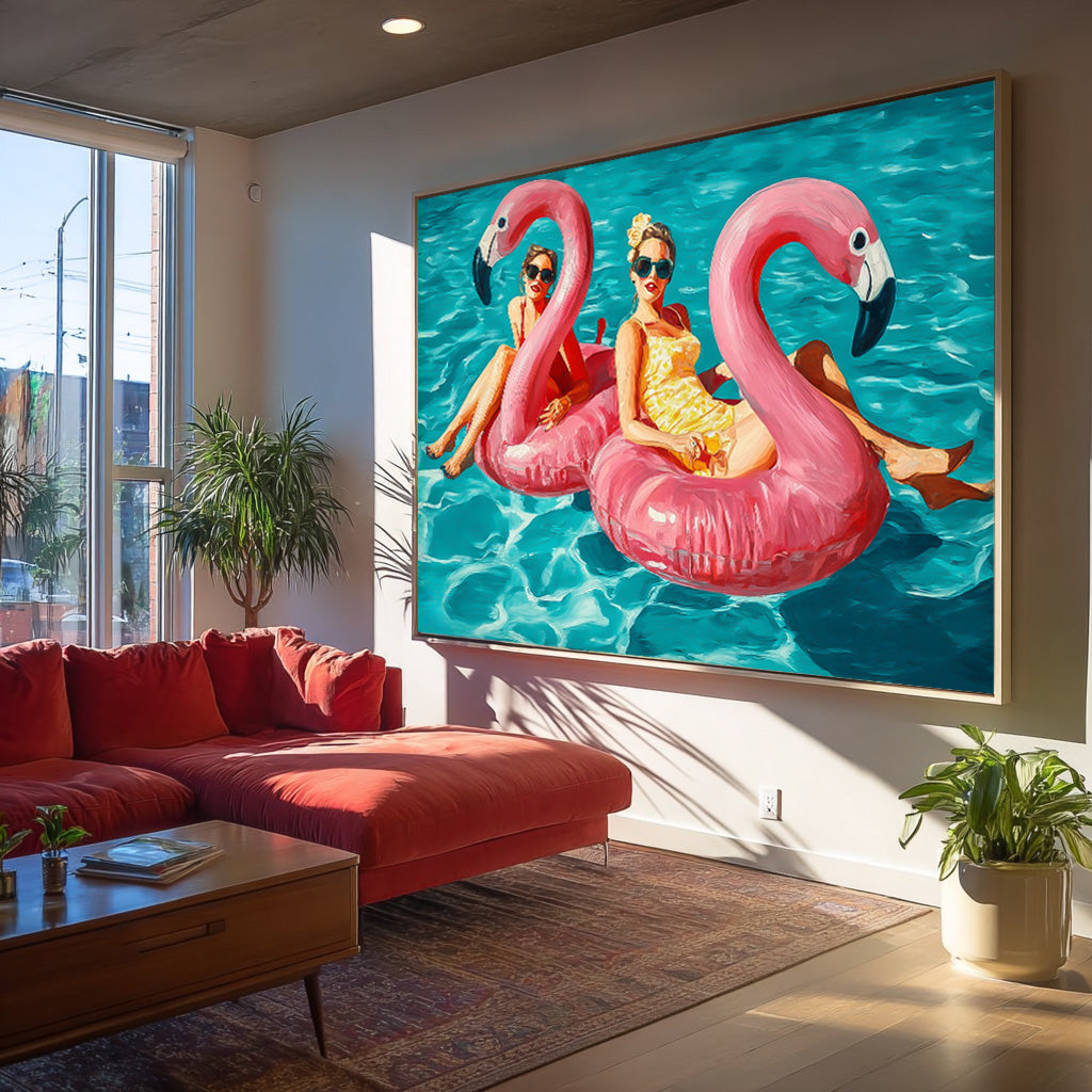 Original Girl Water Entertainment Abstract Colorful Flamingo Artwork Sensual Lady Swimming Wall Art