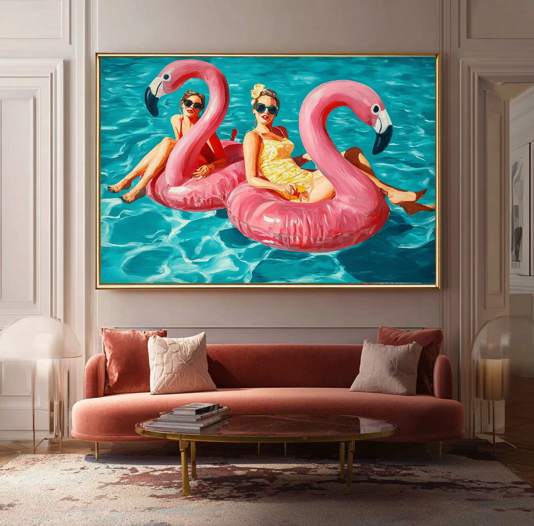 Original Girl Water Entertainment Abstract Colorful Flamingo Artwork Sensual Lady Swimming Wall Art