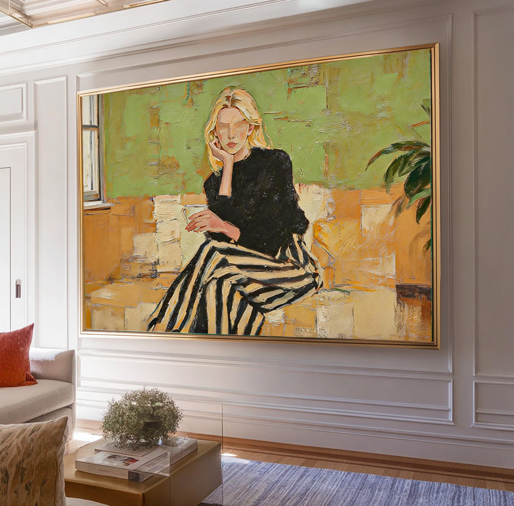 Aesthetic Female Portrait Wall Art Textured Expressionist Lady Canvas Faceless Minimalist Woman Painting