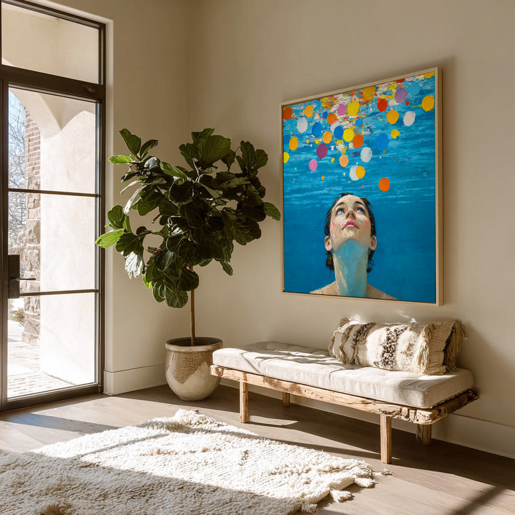 Diving Oil painting Blue Abstract Swimming Girl Wall Art Diving in Ocean Woman Handmade Canvas Artwork