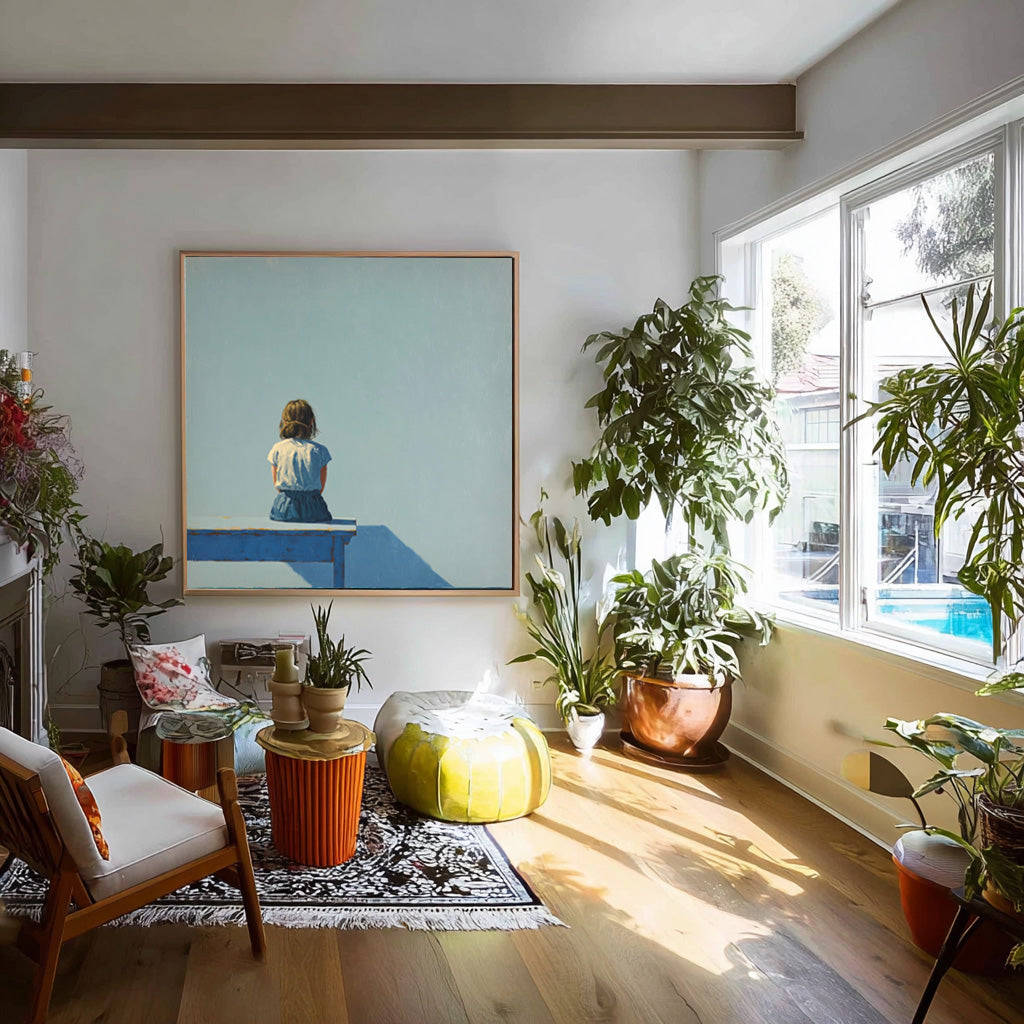 Original Blue Wall Art Abstract Warm atmosphere Art Minimalist Girl Back View Painting For Living Room