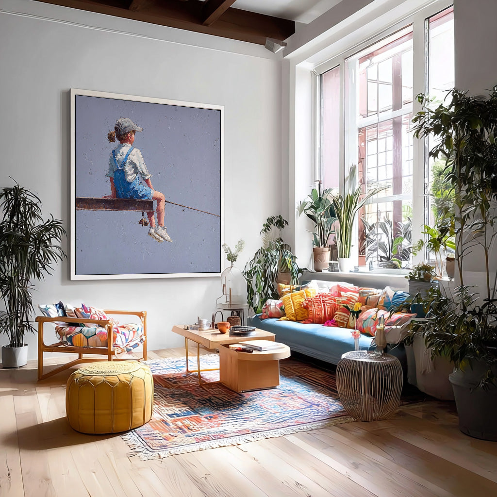 Original Purple Wall Art Abstract Warm atmosphere Art Minimalist Girl Fishing Painting For Living Room