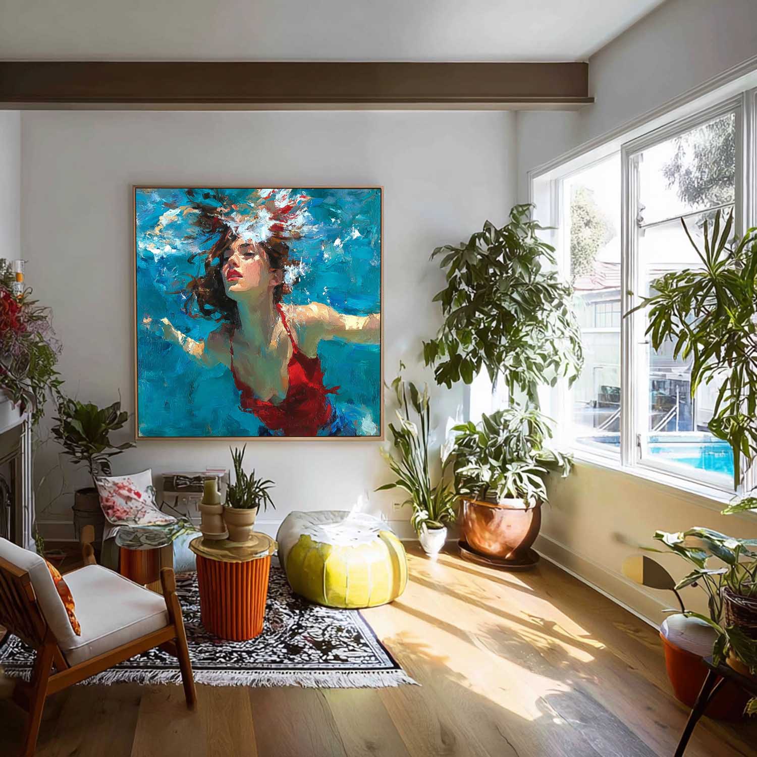 Lady Bright Red clothes Artwork Original Woman swimming Wall Art Square Diving In Ocean Girl Acrylic Painting
