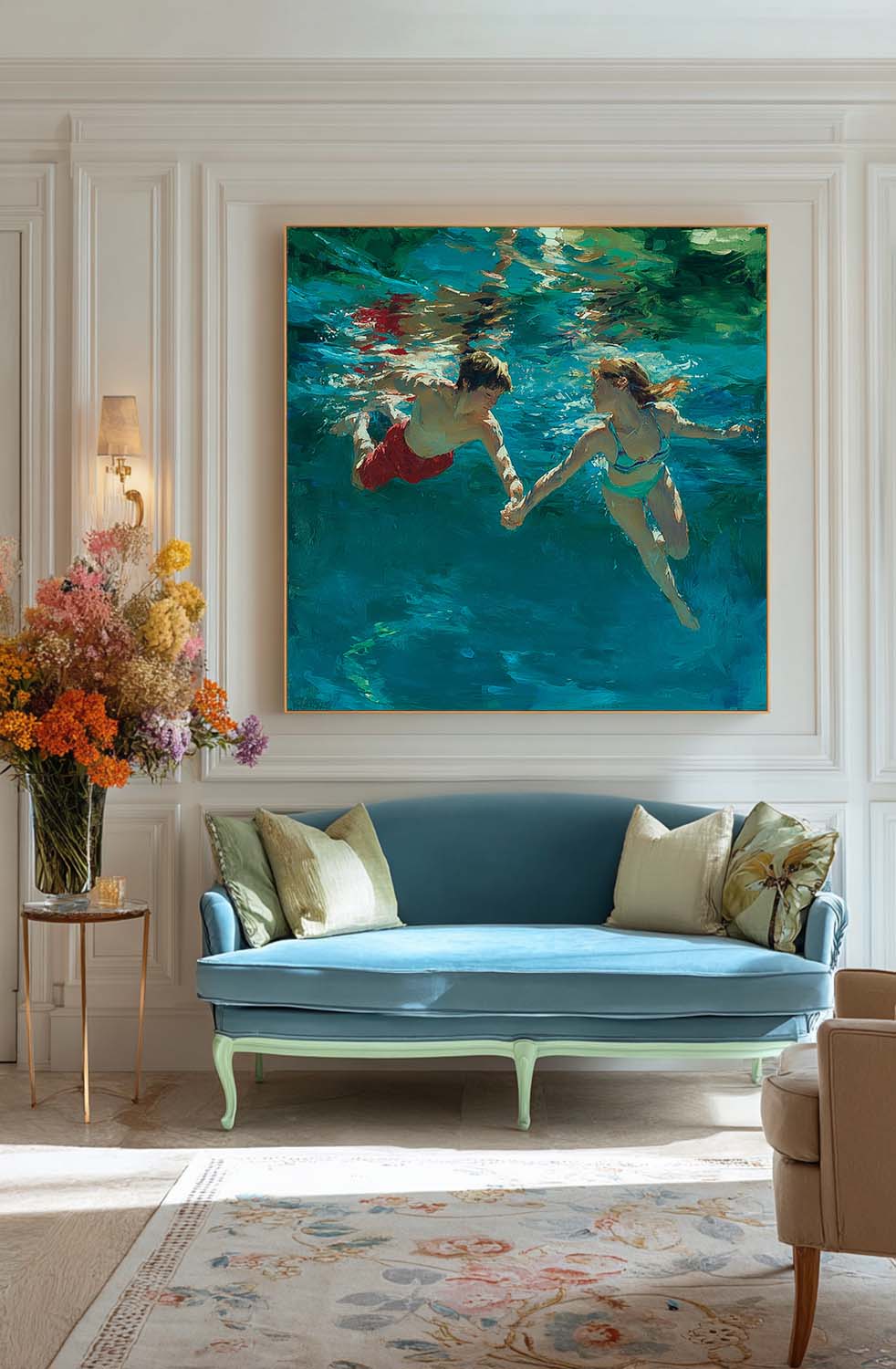 Two People Artwork Square Diving In Ocean Acrylic Painting Original swimming Wall Art For Living Room