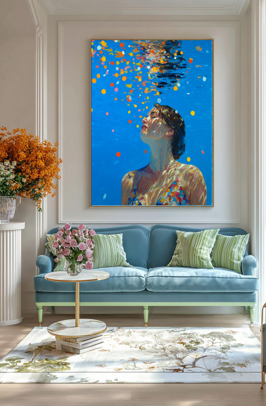 Diving in Ocean Woman Handmade Canvas Artwork Blue Abstract Swimming Girl Wall Art Diving Oil painting