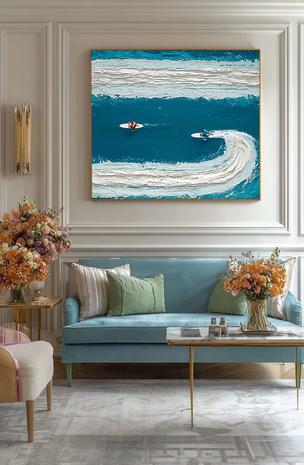 Square Abstract Surfer Landscape Blue Ocean Wall Art Minimalist Surfing Art Contemporary Ocean Painting