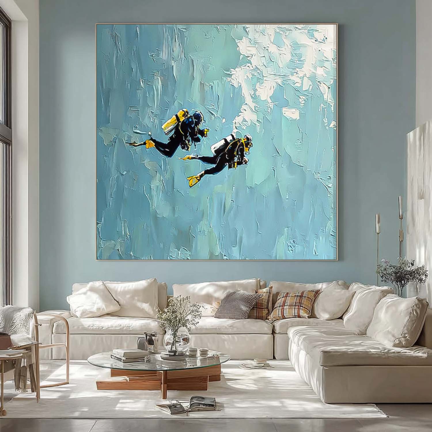 Large Ocean Painting Blue Texture Painting Minimalist Diving Art Abstract Underwater Artwork Diving Gifts