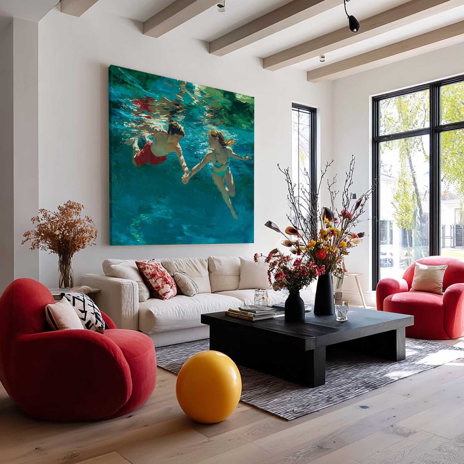 Two People Artwork Square Diving In Ocean Acrylic Painting Original swimming Wall Art For Living Room