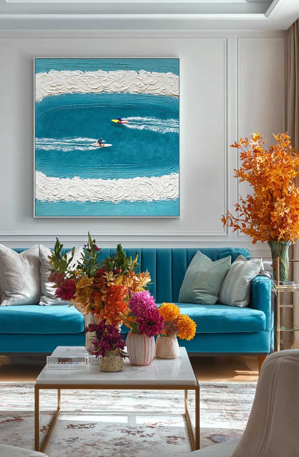 Abstract Surfer Landscape Blue Ocean Wall Art Minimalist Surfing Art Contemporary Ocean Painting Decor