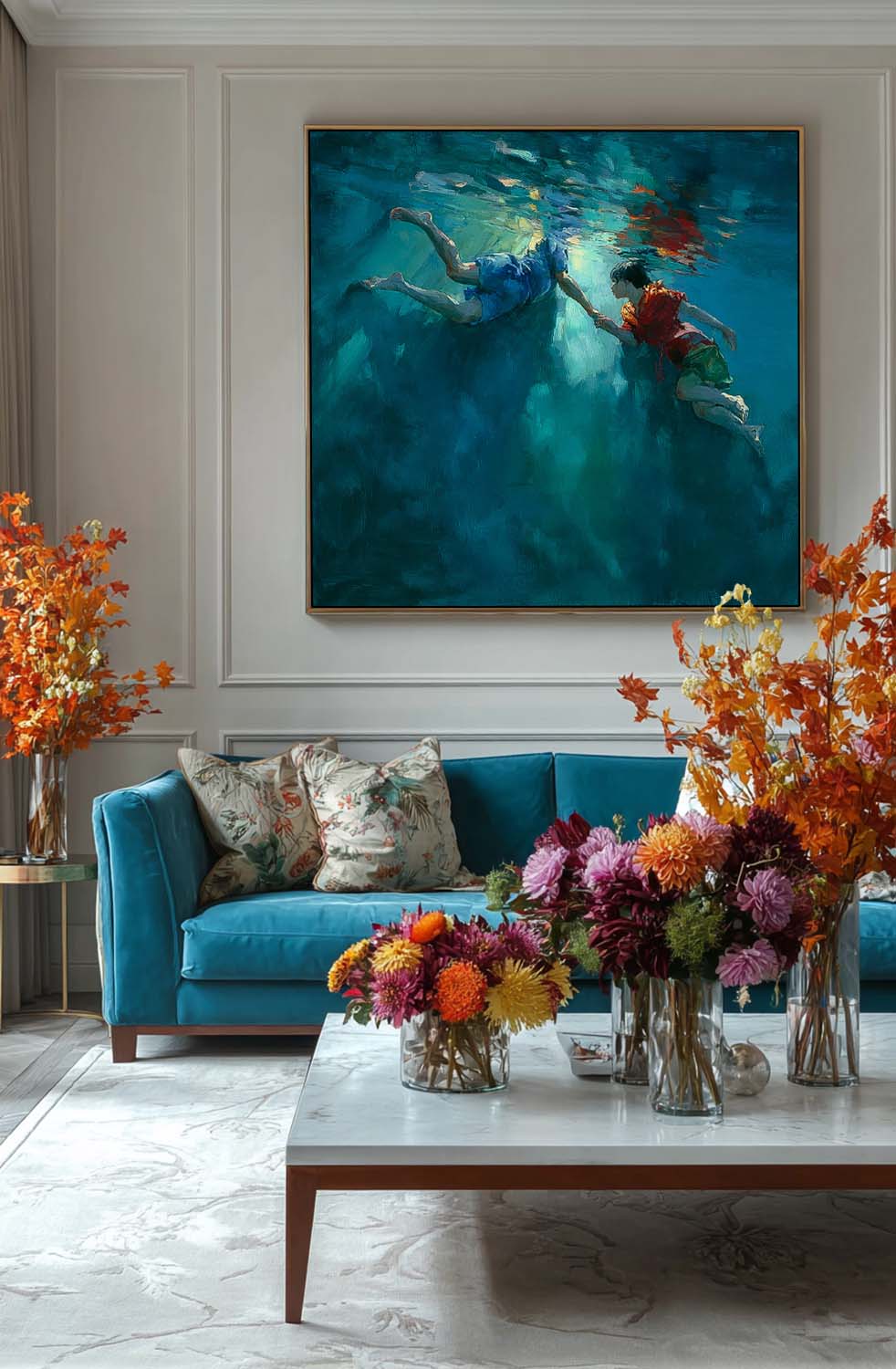 Two Children Artwork Square Diving In Ocean Acrylic Painting Original Child swimming Wall Art For Living Room