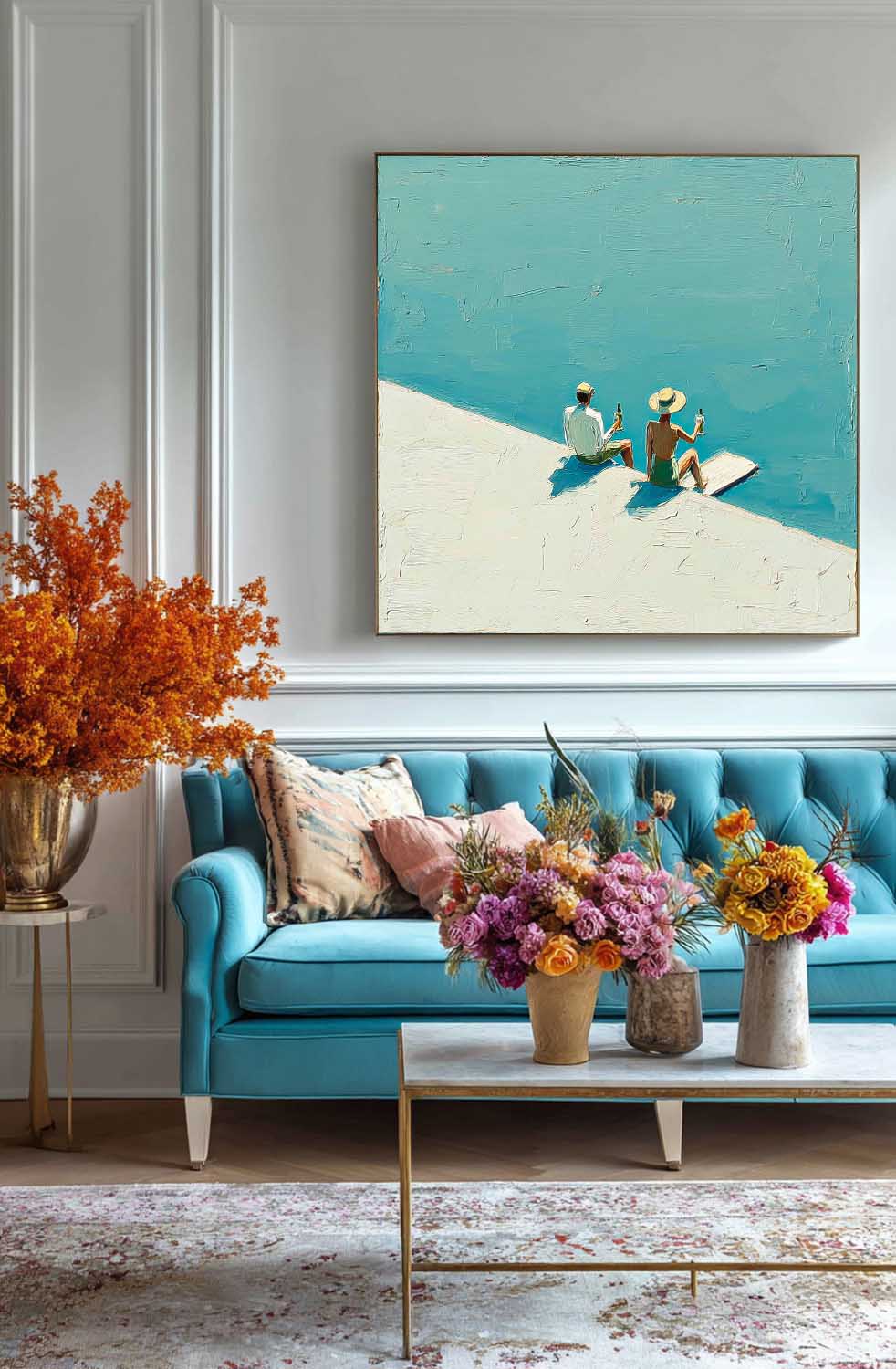 Seaside Holiday Style Landscape Painting Original Couple Oil painting Figures On The Beach artwork