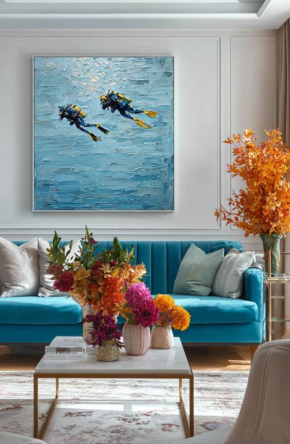 Blue Texture Painting Minimalist Diving Art Abstract Underwater Artwork Large Ocean Painting Diving Gifts