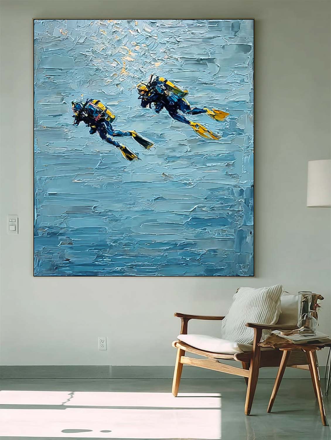 Blue Texture Painting Minimalist Diving Art Abstract Underwater Artwork Large Ocean Painting Diving Gifts