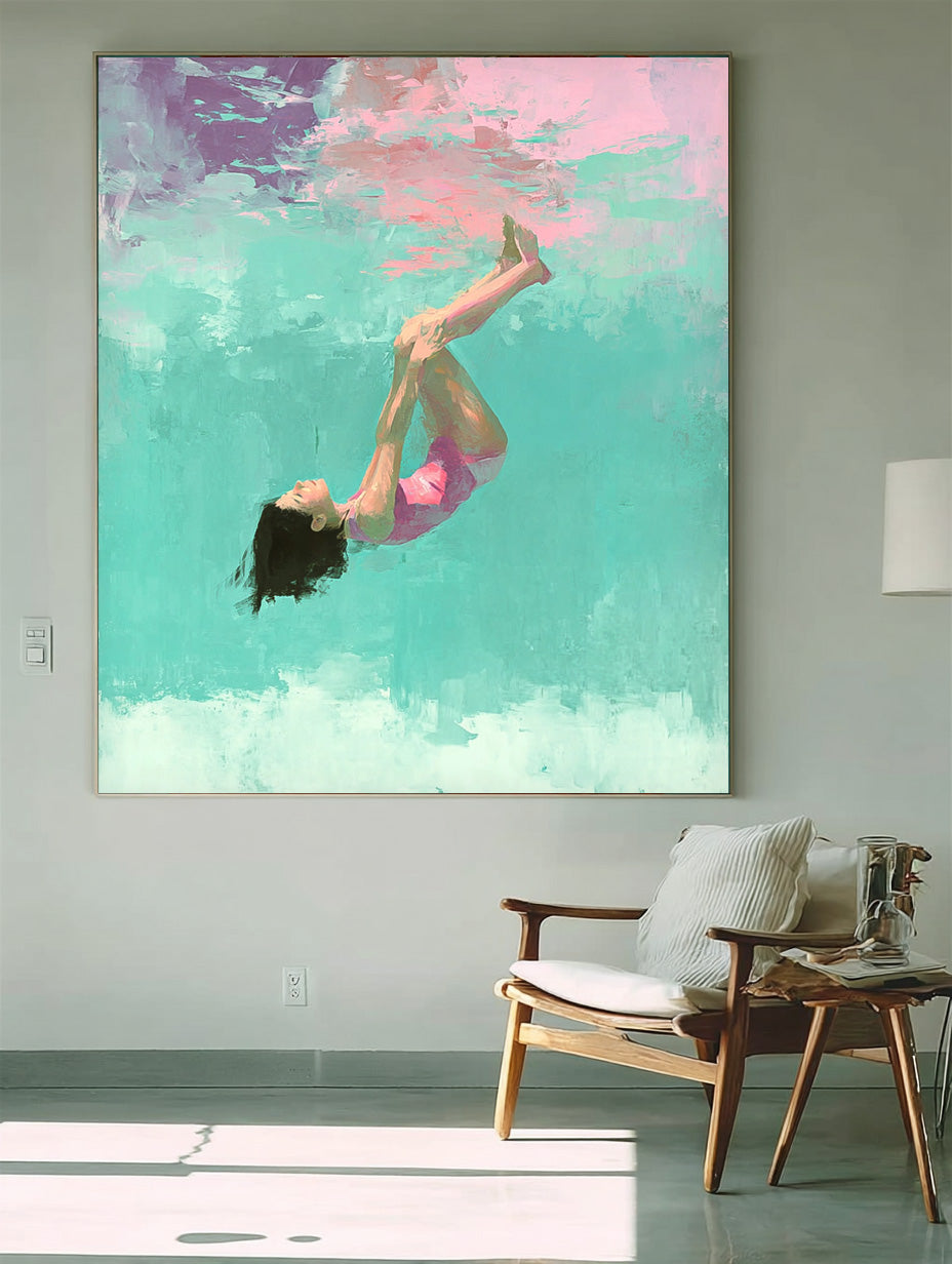 Diving In Ocean Sensual Woman Acrylic Painting Lovely Lady Artwork Original Girl swimming Wall Art