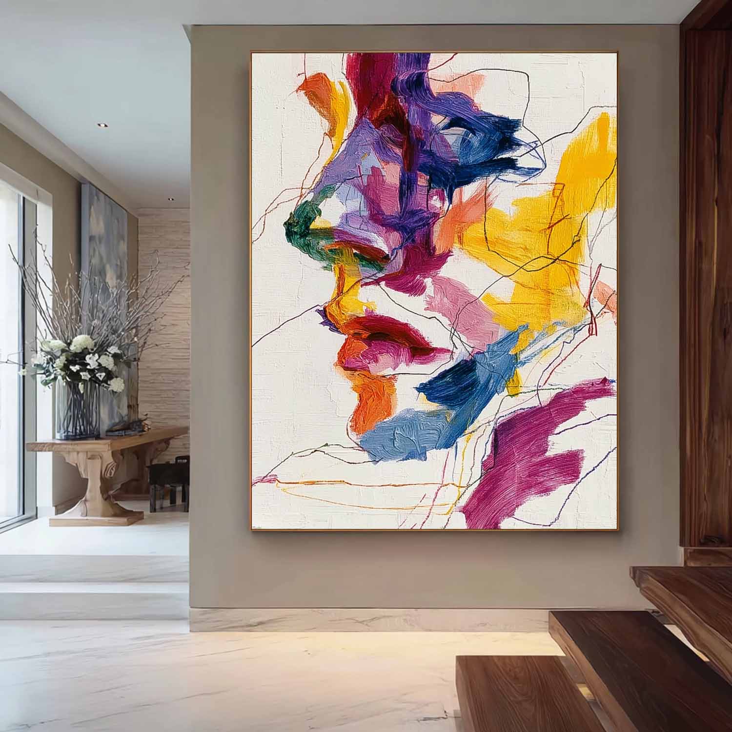 Large Graffiti Figure Wall Art Color Abstract Side Face Painting Canvas Original Line Facial Features Artwork