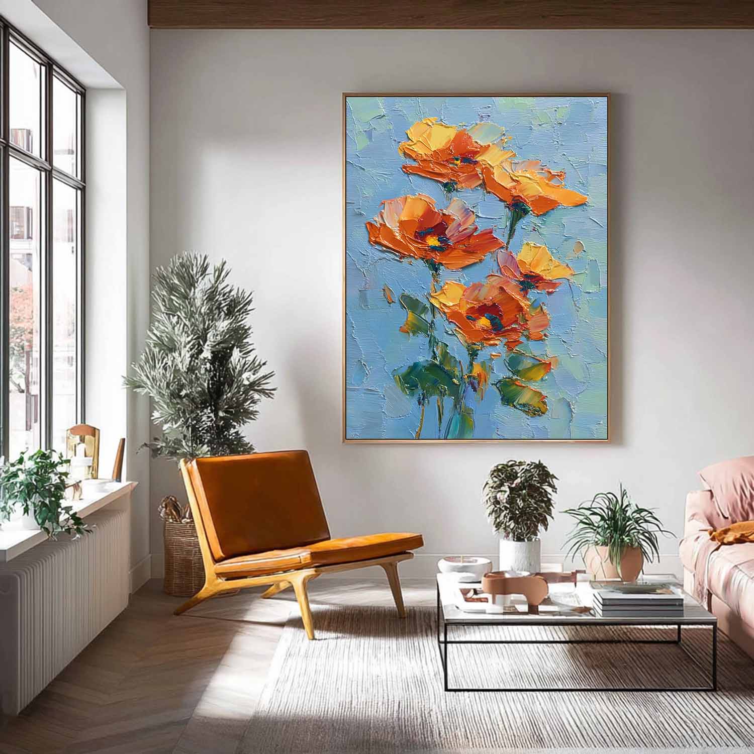 Vibrant Orange-Yellow Blooms On Teal Background Impasto Oil Floral Bouquet Wall Art Textured Modern Home Decor
