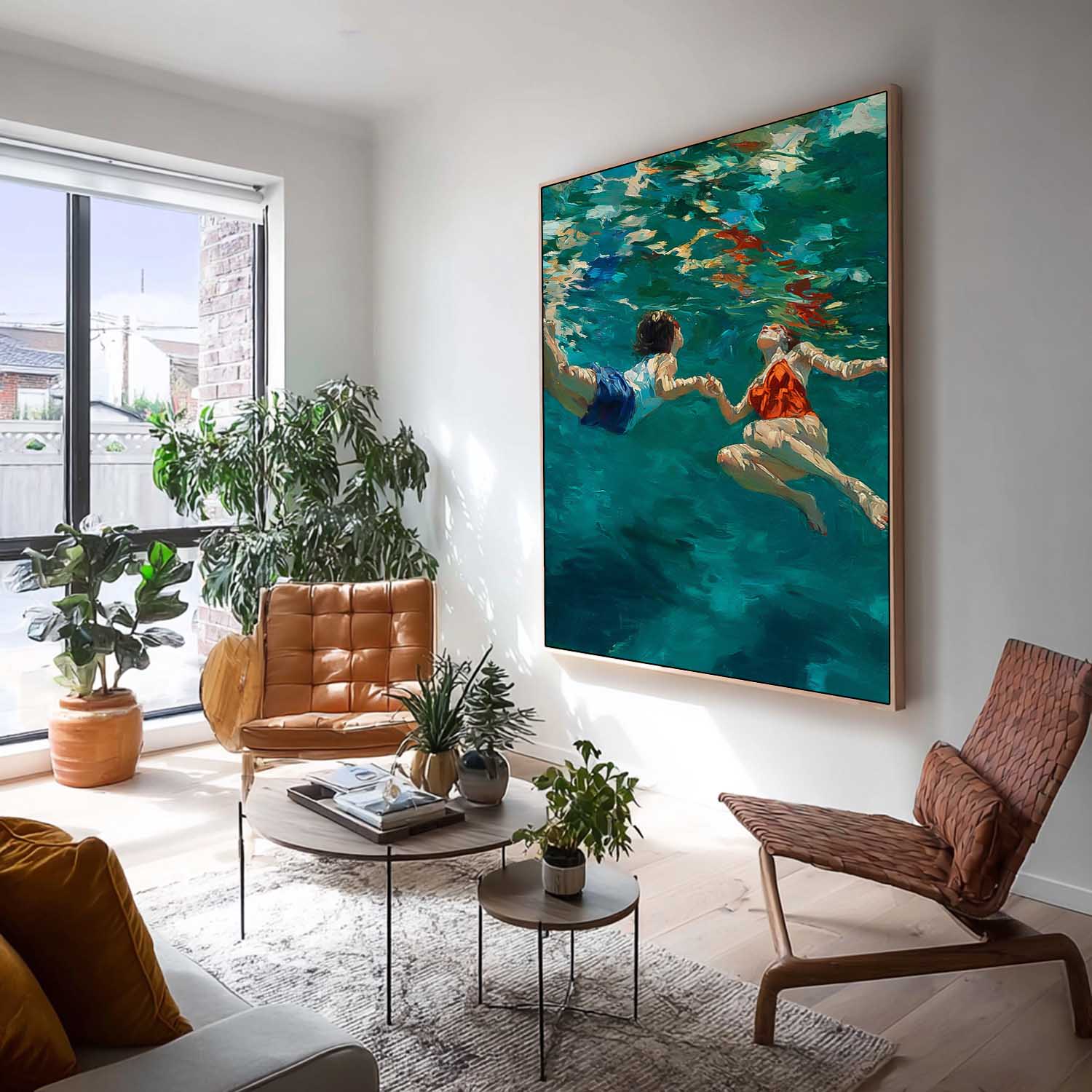 Original Diving Wall Art Abstract Two People playing In Water Oil Painting Canvas Modern Swimming Artwork