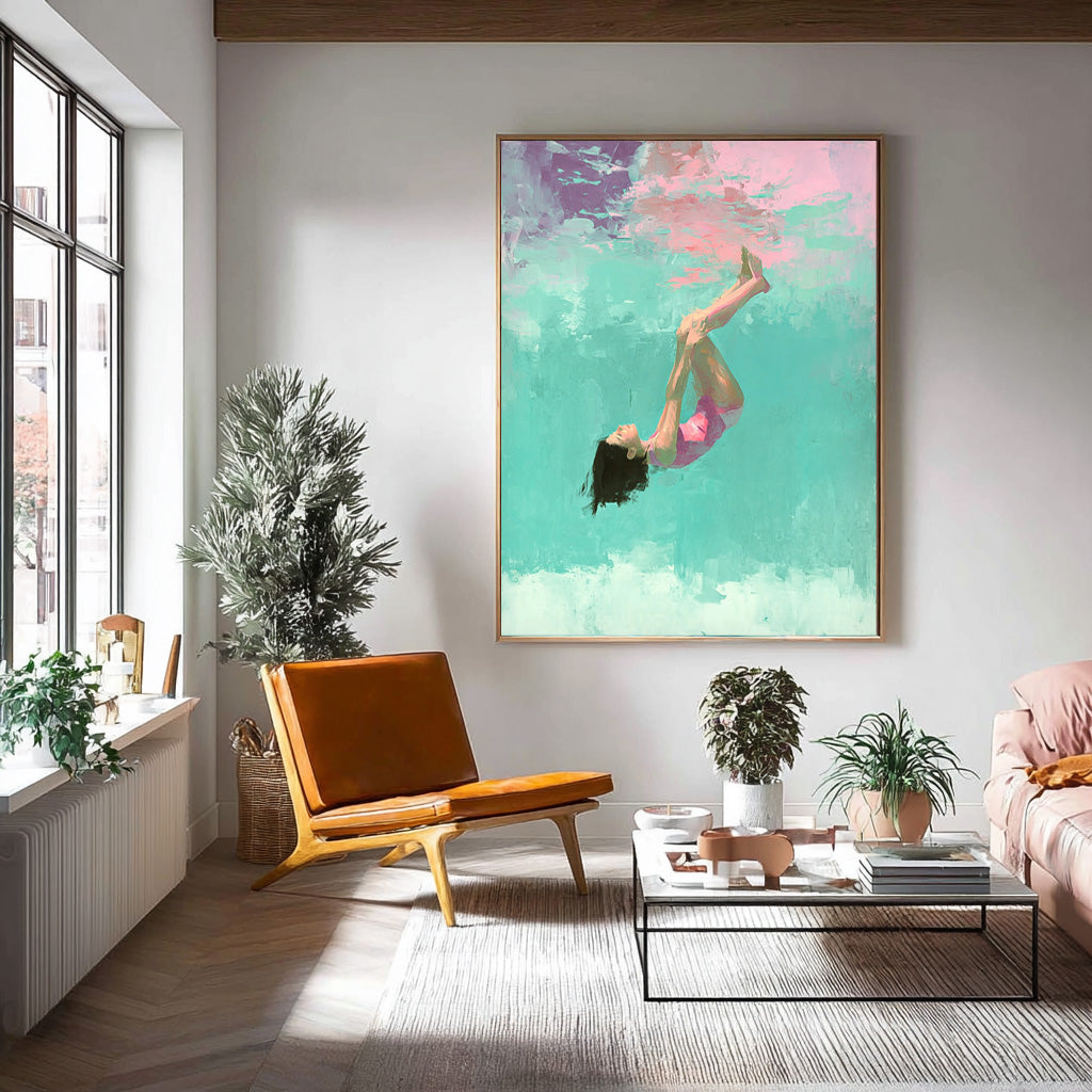 Diving In Ocean Sensual Woman Acrylic Painting Lovely Lady Artwork Original Girl swimming Wall Art