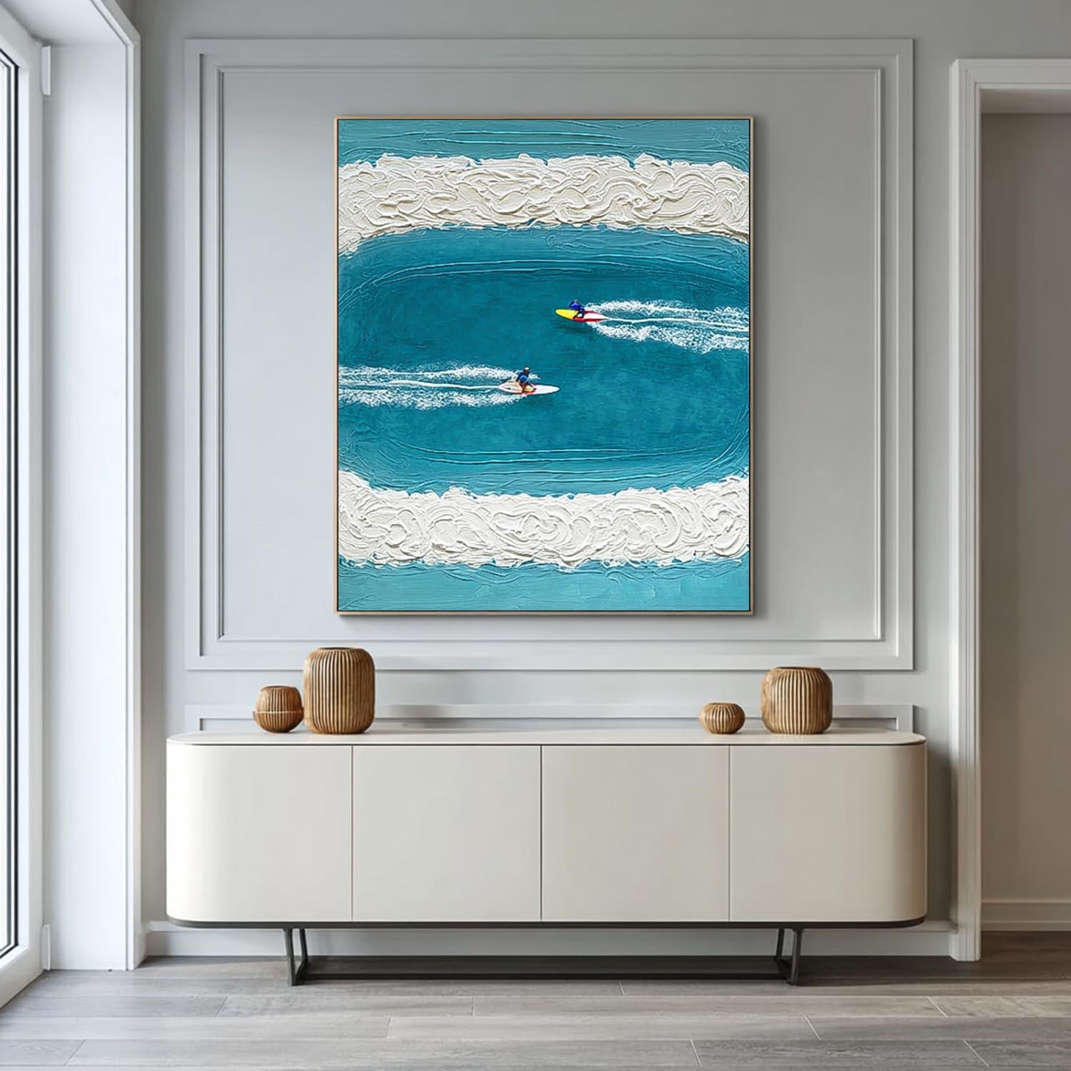 Abstract Surfer Landscape Blue Ocean Wall Art Minimalist Surfing Art Contemporary Ocean Painting Decor